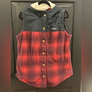 Columbia Black and Red Plaid Hooded Vest